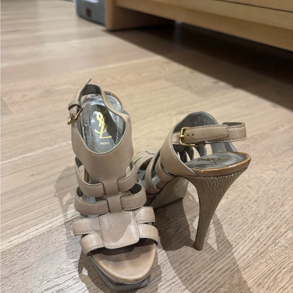 VINTAGE Yves Saint Laurent Beige Strappy Heels, platform look
